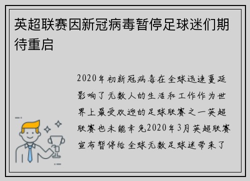 英超联赛因新冠病毒暂停足球迷们期待重启