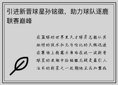 引进新晋球星孙铭徽，助力球队逐鹿联赛巅峰